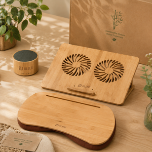 Ensemble d'accessoires de bureau Bamboo Lifestyle Collection avec clavier, souris, calculatrice, porte-stylo, haut-parleur, logo personnalisé - Product Image 2