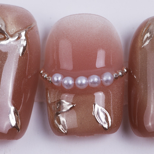 Uñas Postizas de Lujo Hechas a Mano, Cortas, Cuadradas y Ovaladas, con Diseño de Ojo de Gato, Adornos Florales Dorados y Perlas, Uñas Adhesivas, Unhas Autocolantes - Product Image 5