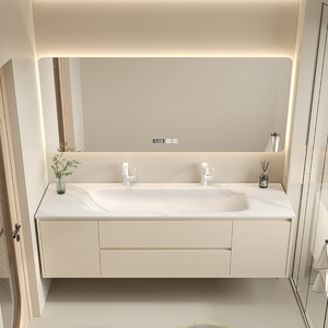 Fregadero de Placa de <span class=keywords><strong>Roca</strong></span> Multicapa de Madera Maciza Termoformada Estilo Crema Personalizado |   Mueble de Baño con <span class=keywords><strong>Espejo</strong></span> Inteligente y Doble Grifo - Product Image 4