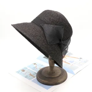 K 2023 French Hepburn Style Ultra-fine Raffia Braid Gauze Bowknot Sunshade Bucket Hat
