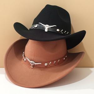 Chapeau Fedora en feutre style jazz européen-américain pour automne-hiver, avec logo tête de taureau, bord roulé, style tibétain, décontracté, protection solaire - Product Image 2