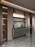 Buffet italien sur mesure, armoire arrondie, étagères métalliques, armoire à vin en verre, panneau en bois de palissandre