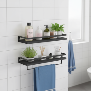 Estantes de Baño Modernos para Montar en la Pared con Toallero de 2 Niveles, Acero Inoxidable Negro y Madera, 50X30CM, Ahorro de Espacio - Product Image 2