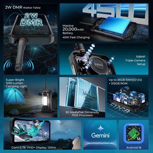 สำหรับ WP61 Plus วอล์คกี้ทอล์คกี้ สมาร์ทโฟน 5G ทนทาน หน้าจอ LCD 120Hz แบตเตอรี่ 20000mAh ระบบปฏิบัติการ Android 16 NFC หน่วยความจำ 36GB(12+24)+512GB กล้อง 108MP มาตรฐาน IP68/IP69K - Product Image 2