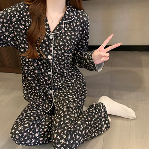 Premium Sense of Black primavera y otoño pantalones largos de manga larga pijamas traje de ropa de casa para mujer se puede usar fuera al por mayor - Product Image 6
