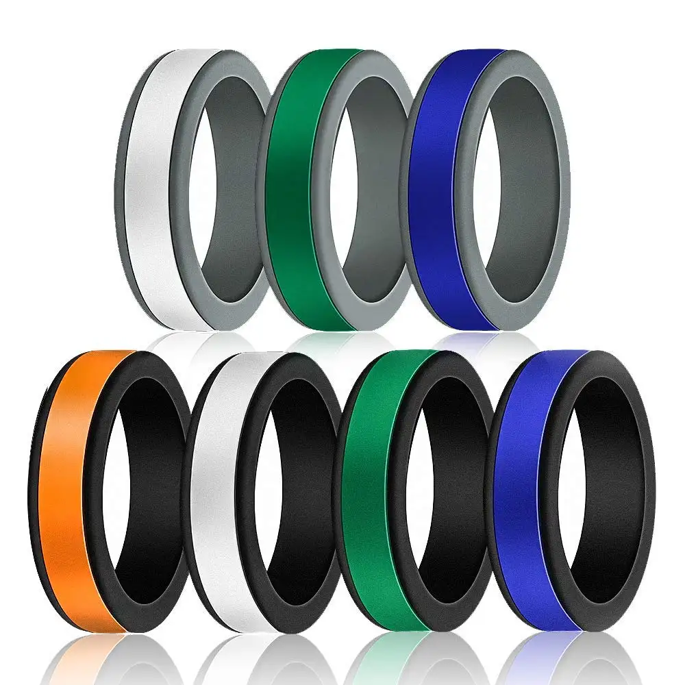 Custom Double Colors Colorful Silicone Step Edge Sleek Breathable Mens Wedding Rings Silicone Rings Men