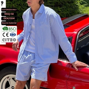 Men Blue <b>White</b> Vertical Stripe <b>2</b> <b>Piece</b> Outfit Long Sleeve Button Shirt Elastic Waist Shorts Casual Vacation Matching <b>Set</b> Custom - Product Image 1