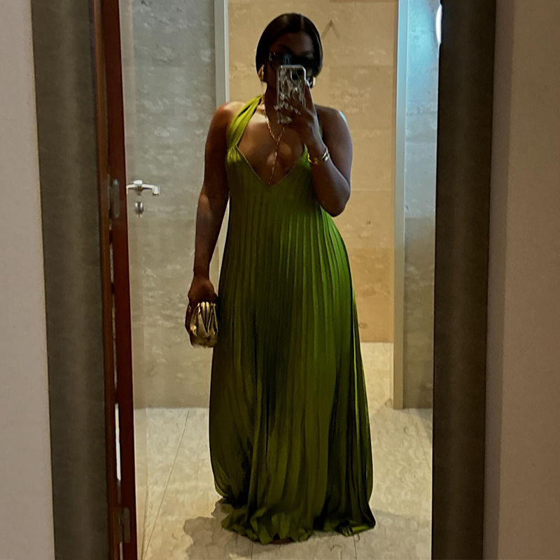 Olive Green Halter Backless Maxi Evening Dress For Women - Elegant & Breathable Olive Green Halter Backless Maxi Evening Dress For Women - Elegant & Breathable