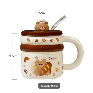 แก้วเซรามิคลายการ์ตูนหมีน่ารัก ขนาด 450 มล. พร้อมฝาปิดและหลอดแก้ว ดีไซน์สร้างสรรค์สำหรับเด็ก ใช้ดื่มนม กาแฟ - Product Image 5