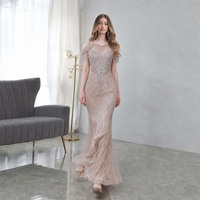 Robe de soirée sirène à sequins nude, col illusion, manches courtes à franges perlées, robe de soirée formelle grande taille