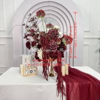 Boule de fleurs artificielle de 50 cm en faux bourgogne rouge et blanc, centre de table, hydrangea rouge en soie artificielle, boule de fleurs d'anthurium avec amarante suspendue