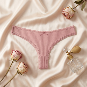 Braguitas de Tanga de Algodón Cómodas para Mujer, Color Rosa, Tejido Acanalado, con Encaje Sólido, Talle Bajo, Tallas Grandes, con Lazo, Venta al por Mayor - Product Image 2