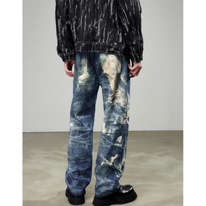 Jean en denim évasé pour homme, style motard, design de niche unique, punk, streetwear, avec patchs et déchirures, effet vieilli - Product Image 6
