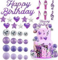 Décorations de gâteau d'anniversaire musical violettes : ensemble de décorations de gâteau Joyeux Anniversaire avec boule disco, microphone, note, étoile, cœur – Fournitures de fête