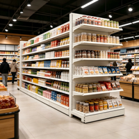 Étagères de supermarché en acier sur mesure, couleur et taille personnalisées, rayonnages métalliques double face pour magasins de détail, présentoirs de supermarché, équipements de magasin