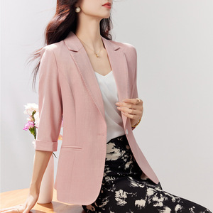 Pink Women's Blazer Three Quarter Sleeve Slim Fit Solid Color Summer Casual Chic Lightweight Jacket - Product Image 4