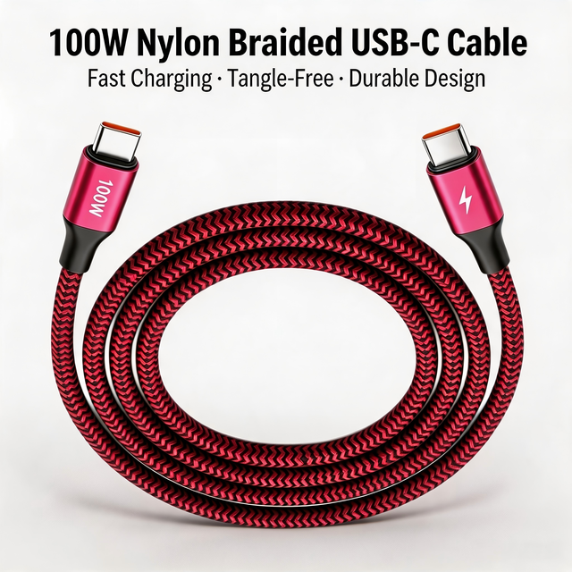 High Quality 2A Fast Charging 100W Type-C to Type-C Braided Nylon USB Cable 1M for IOS Mobile Phone & Earphone