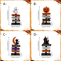 Décoration de table en bois pour Halloween : Panneau directionnel fantôme, citrouille et chat noir pour cheminée, étagère et table de fête