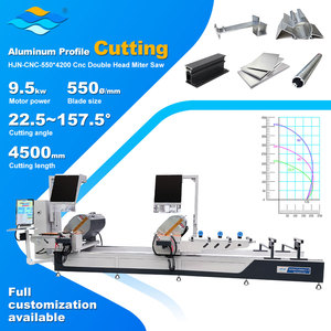 เครื่องจักรผลิตประตูและหน้าต่างที่ได้รับมาตรฐาน CE: เครื่องตัดอลูมิเนียมแบบหัวคู่ ปรับมุมได้ตั้งแต่ 22.5 ถึง 157.5 <span class=keywords><strong>องศา</strong></span> - Product Image 1
