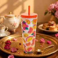 Gobelet isotherme Tritan à double paroi, motif floral, avec couvercle et paille, sans BPA, réutilisable pour les boissons froides en voyage