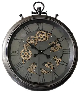 20" Vintage Pocket Watch Style Retro Round Metal Home Decoration Real Gear Wall Clock