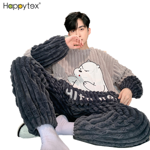 Interior hogar <span class=keywords><strong>invierno</strong></span> lindo dibujos animados grueso cálido Coral polar 2 uds <span class=keywords><strong>pijama</strong></span> conjunto manga larga ropa de dormir para hombres con bolsillos grandes - Product Image 4