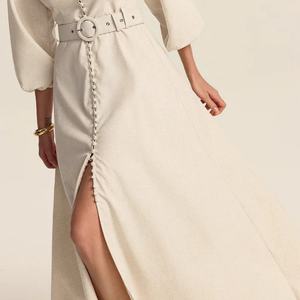 Robe longue personnalisée en coton et lin avec ceinture et boutons sur le devant, idéale pour les vacances ou les occasions formelles pour femmes - Product Image 3