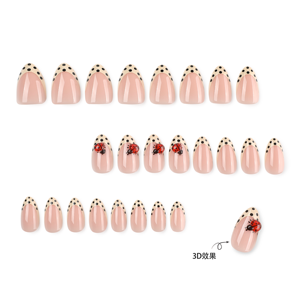 Faux ongles 3D roses en amande à presser avec pointes à pois crème et motif coccinelle, ongles artificiels brillants réutilisables pour manucure estivale 4618 - Product Image 2