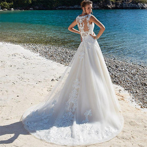<b>Lace</b> Fitted Wedding Dress Round Neck Open Back <b>White</b> Elegant Forest Style Natural Waistline - Product Image 3