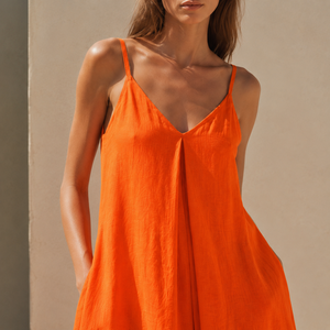 Abito lungo arancione da donna con spalline sottili, plissettato, fluido, ampio, in lino, per <span class=keywords><strong>vacanze</strong></span> estive, linea ad A, minimal, drappeggiato - Product Image 3