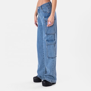 <span class=keywords><strong>Jean</strong></span> Denim Long Droit Pleine Longueur Cargo Jeans Pantalon Nouveau Design Taille Haute Jambe Large Lâche pour les Femmes Avec Poches Léger Solide - Product Image 1