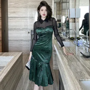 ZYHT 10200 Fall Winter Women Apparel Printed Green Velvet Ruffles Mesh Patchwork Long Sleeve Wrap Evening Gown Party Prom Dress