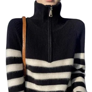 2025 Custom Cashmere Knitted Women Strip Half-zip Cashmere Women <strong>Sweater</strong> - Product Image 1
