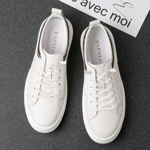Chaussures décontractées en cuir blanc pour hommes, talon bas, semelle en caoutchouc antidérapante, chaussures bateau pour usage quotidien - Product Image 3