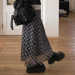 Jupe midi à cordon de serrage à carreaux pour femmes, jupe évasée en mousseline de soie transparente pour un style preppy et scolaire - Product Image 5