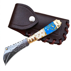 Cuchillo de caza de acero inoxidable con mango azul y blanco, hoja de punta caída, borde serrado, funda de cuero, calidad DIY - Product Image 1