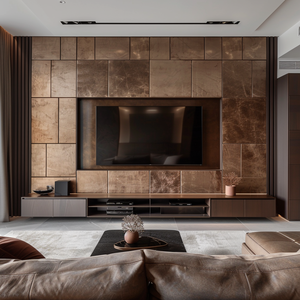 <span class=keywords><strong>Meuble</strong></span> <span class=keywords><strong>TV</strong></span> <span class=keywords><strong>mural</strong></span> sur mesure avec base au sol, étagères ouvertes et rangement latéral pleine hauteur pour salons - Product Image 6
