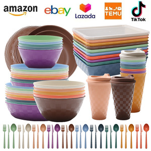 Juego de Vajilla de Paja de Trigo con Diseño a Cuadros, Ecológico, Libre de BPA, Platos, Tazones y Cubiertos Irrompibles - Product Image 1