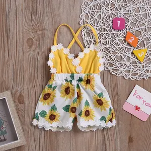 夏季婴儿女婴衣服钩编花边向日葵印花吊带紧身衣可爱流行布