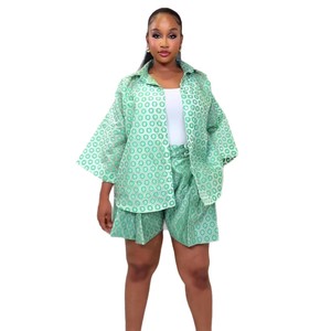Nouvelle Collection Été 2026 : Ensemble Décontracté Femme Style Africain – Blouse <span class=keywords><strong>Vert</strong></span> Clair Transparent à Manches Trois-quarts et Imprimé Géométrique - Product Image 5