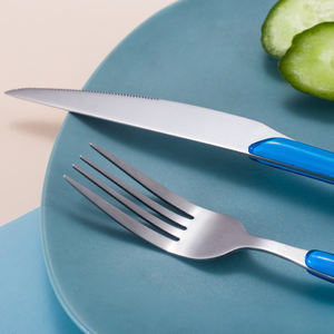 Vente en gros de couteaux, fourchettes et cuillères en acier inoxydable pour le camping <span class=keywords><strong>Couverts</strong></span> en métal écologique avec manche en plastique pour fêtes - Product Image 3