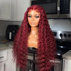99J Burgundy Deep Wave Lace Front Human Hair Wigs 13x4 Transparent HD Lace Frontal Wig 180% Red Colored Curly Human Hair Wigs