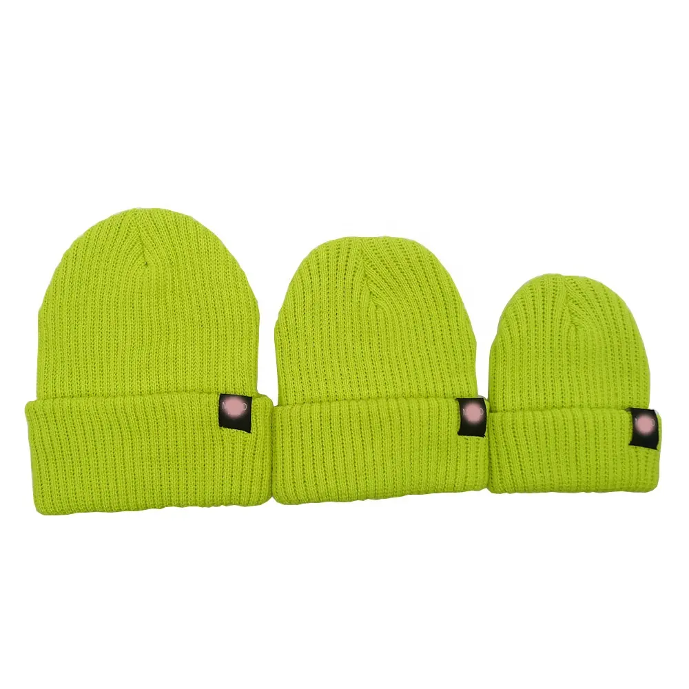 Alta qualidade planície costela malha mãe crianças e bebê gorro chapéus tuques logotipo personalizado inverno chapéus para crianças adultos unisex 3 pcs