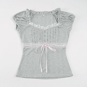 เสื้อยืดแขนสั้นผู้หญิง Y2K แต่งลูกไม้ตัดต่อ คอเหลี่ยม ติดกระดุมด้านหน้า ทรงเข้ารูป ผูกเอว สำหรับฤดูร้อน ขายส่ง - Product Image 6