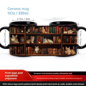 Set di Tazze in Ceramica a Forma di Gatto con Libreria Tridimensionale Retrò, Tazza da Caffè Resistente alle Alte Temperature con Trasferimento Termico, Regalo per Amanti dei Libri - Product Image 2