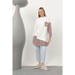 Tunique pour femme Puane, écru-bordeau, imprimé pop-corn, à rayures perlées, avec détails élégants, pour un style décontracté - Product Image 1