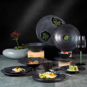 Yayu จานอาหารค่ำเซรามิกแบบชนบท,จานกระเบื้องเคลือบสีดำแบบตื้นทำจากหินสีเขียวธรรมชาติสำหรับโรงแรม