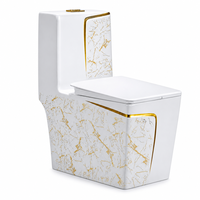 WC monobloc en céramique à motif marbre blanc, carré, avec ligne dorée et double chasse d'eau à siphon pour salle de bain moderne