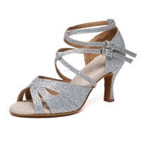 Chaussures de danse latine LUOQIAO L602 à paillettes argentées, talon de 7,5 cm, semelle souple, professionnelles pour débutants, entraînement de danse de salon