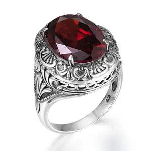 Vintage Turkish Silver Rings 925 Exquisite Filigree Big Garnet Gemstone Party Granny Ring Jewelry Manufacturer